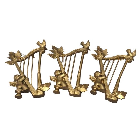 Vintage Angel Cherub Playing Harp Gold Plastic Christmas Ornaments ITALY 3x Lot - Picture 3 of 9